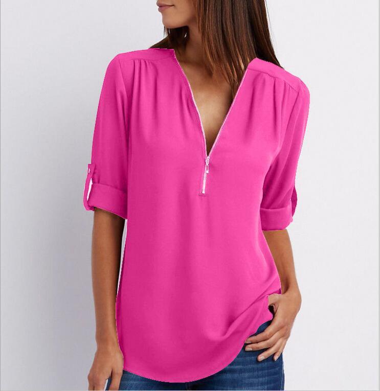 Blouse Décontractée à Manches Courtes et Col Zippé