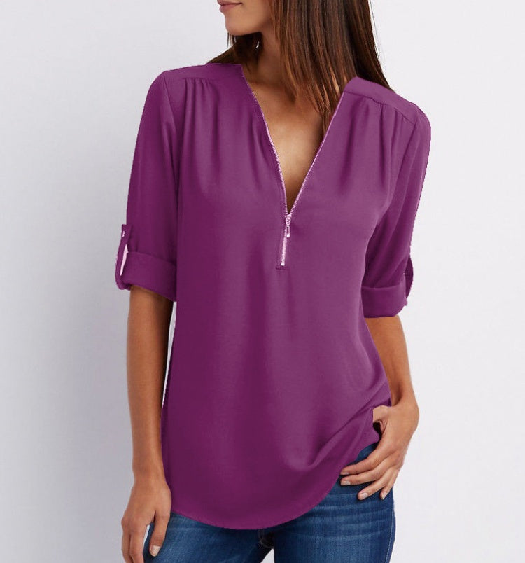 Blouse Décontractée à Manches Courtes et Col Zippé