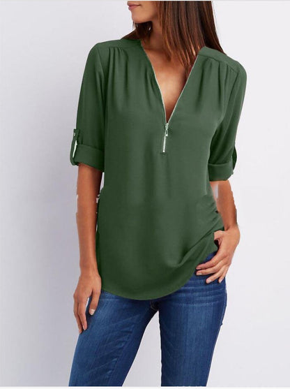 Blouse Décontractée à Manches Courtes et Col Zippé