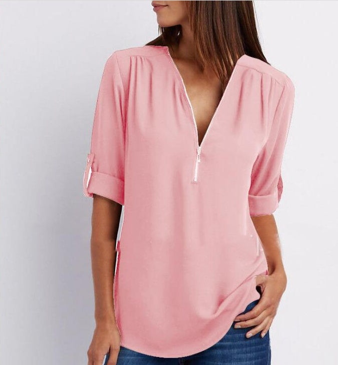 Blouse Décontractée à Manches Courtes et Col Zippé