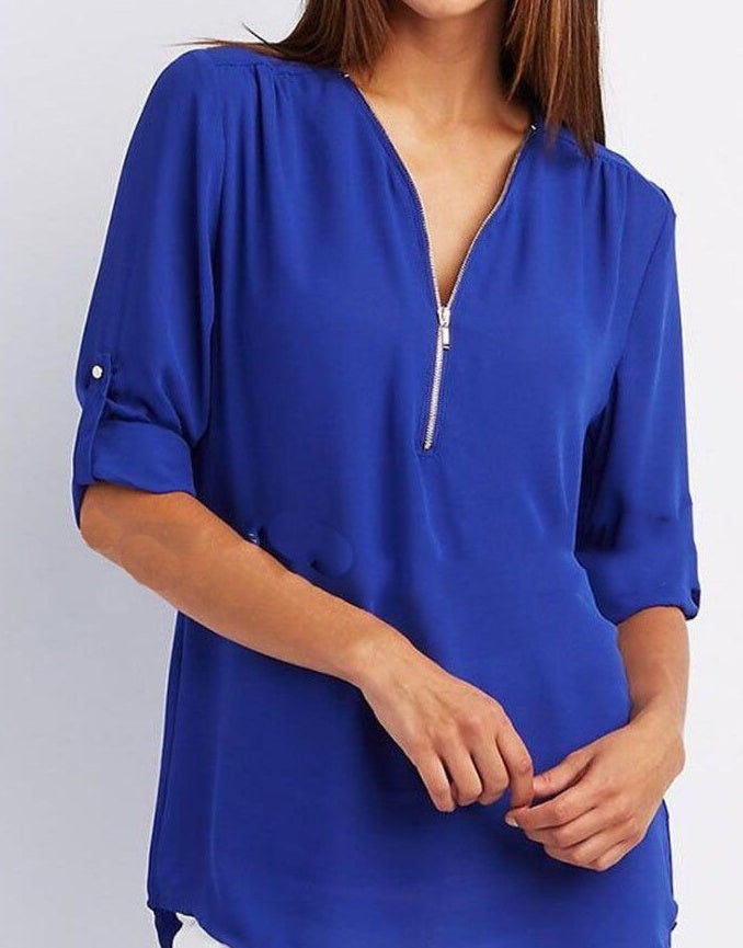 Blouse Décontractée à Manches Courtes et Col Zippé