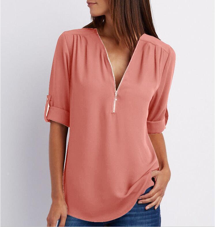 Blouse Décontractée à Manches Courtes et Col Zippé