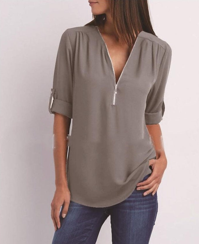 Blouse Décontractée à Manches Courtes et Col Zippé