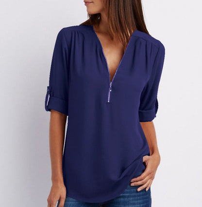 Blouse Décontractée à Manches Courtes et Col Zippé