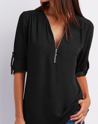 Blouse Décontractée à Manches Courtes et Col Zippé