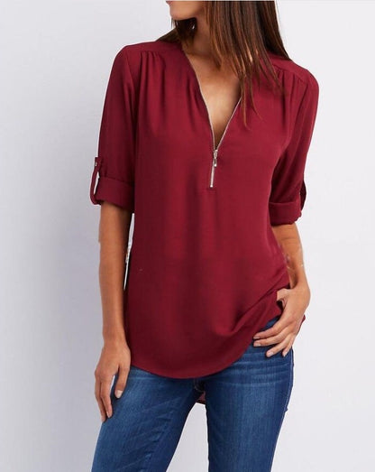 Blouse Décontractée à Manches Courtes et Col Zippé