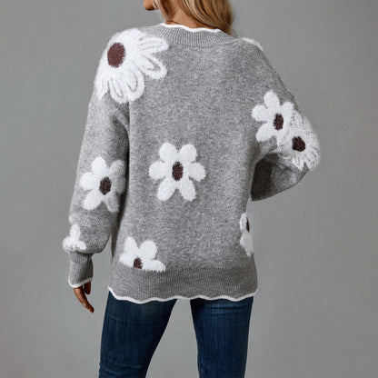 Pull à Motif Floral avec Bordure Festonnée