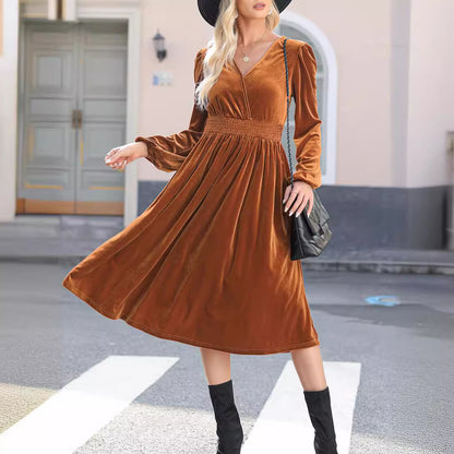 Robe Midi Unicolore à Manches Longues