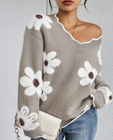 Pull à Motif Floral avec Bordure Festonnée