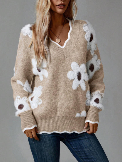 Pull à Motif Floral avec Bordure Festonnée