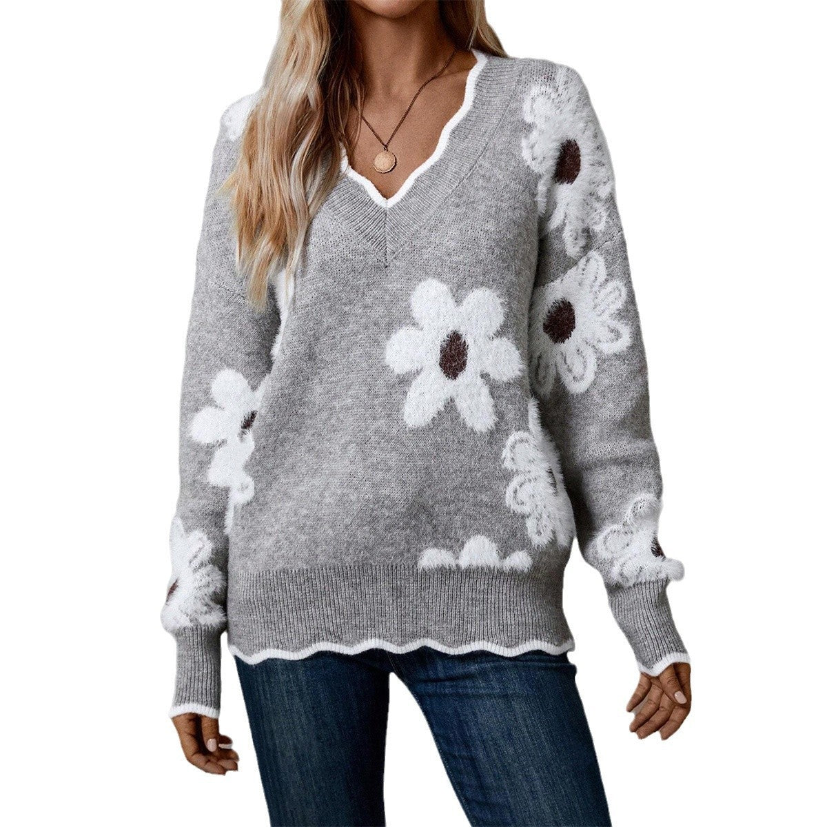 Pull à Motif Floral avec Bordure Festonnée